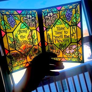 Stained Glass Greeting Card, Yellow w/ flowers